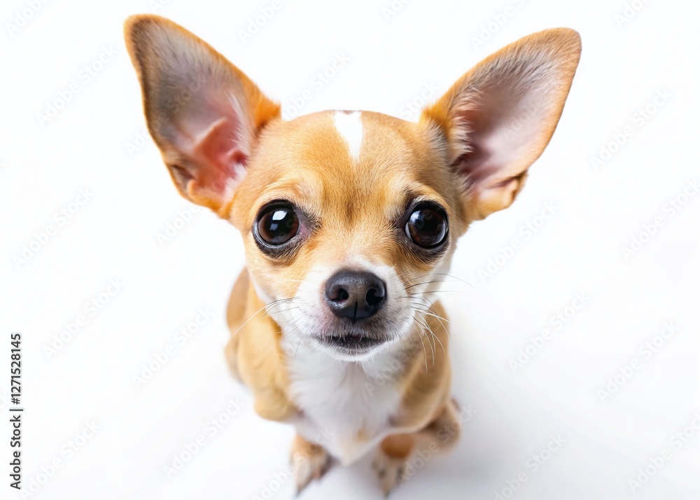 Adorable Chihuahua Puppy Isolated on White Background - Drone Photography Style Adorable Chihuahua Puppy Isolated on White Background - Drone Photography Style