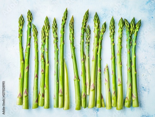 Green spears ready for cooking on blue background photo