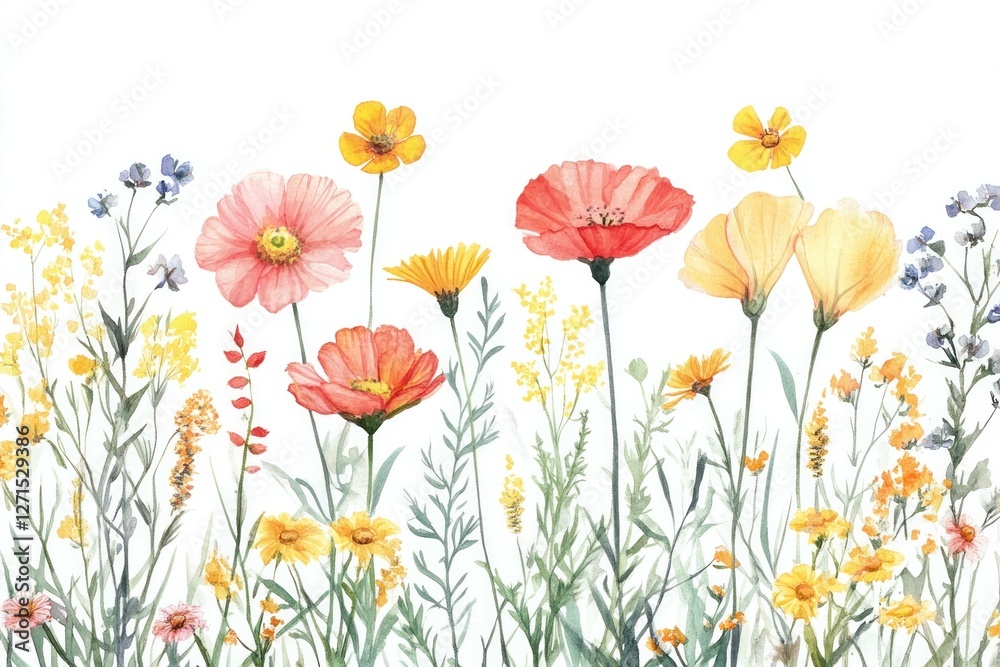 Fototapeta premium Beautiful summer wildflower illustration with vibrant colors, featuring pink, red, yellow, and purple blooms, conveying a fresh and cheerful atmosphere