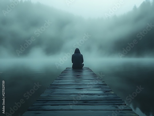 Lone Figure Sitting Peacefully on a Misty Dock over Calm Waters