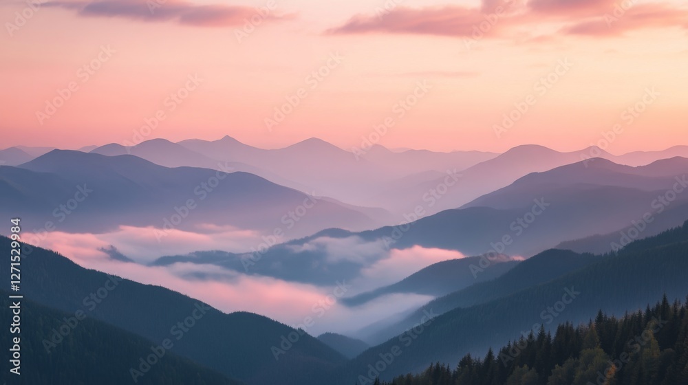 Fototapeta premium Serene mountain landscape at dawn with misty valleys and pink sky