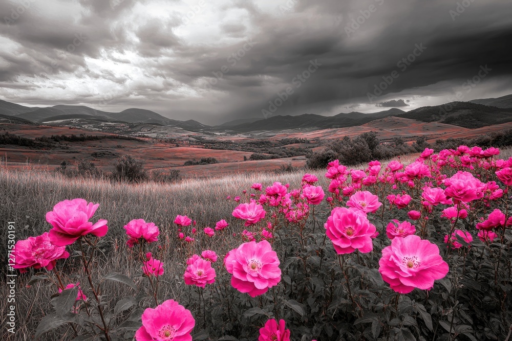 Fototapeta premium Vibrant pink flowers blooming in an open field during a stormy day.
