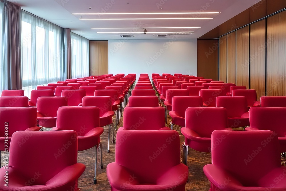 Fototapeta premium Empty Red Conference Room Chairs Ready for Event