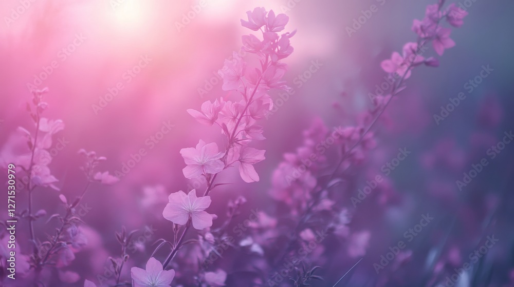 Naklejka premium Vibrant pink wildflowers in soft focus with dreamy sunset light