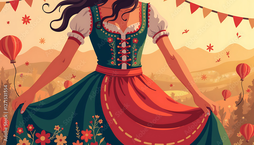 Fototapeta premium Woman in traditional dress dancing in a rustic landscape