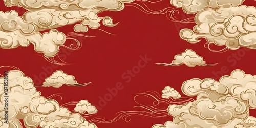 Golden asian chinese new year celebration frame background, abstract red Japanese cloud wave art pattern design backdrop, traditional lunar festival empty rectangle border wallpaper