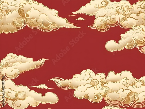 Golden asian chinese new year celebration frame background, abstract red Japanese cloud wave art pattern design backdrop, traditional lunar festival empty rectangle border wallpaper