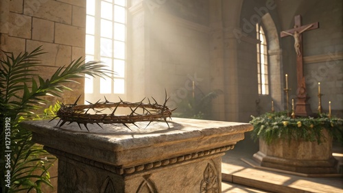 Thorn crown placed on a stone altar in a sunlit church, emphasizing the themes of sacrifice and reverence against a sacred interior backdrop.