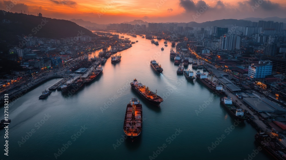 Naklejka premium A bustling port city