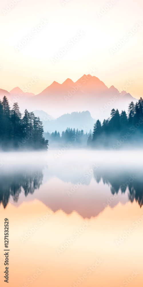 Fototapeta premium Serene mountain landscape with misty lake reflection at sunrise peaceful nature scene