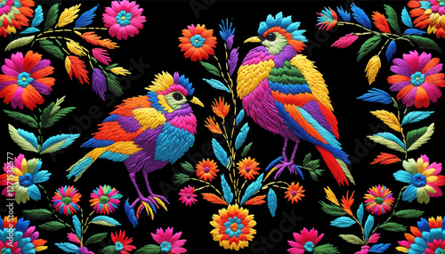 Vector traditional hungarian embroidery. Bright floral ornament with birds on dark background