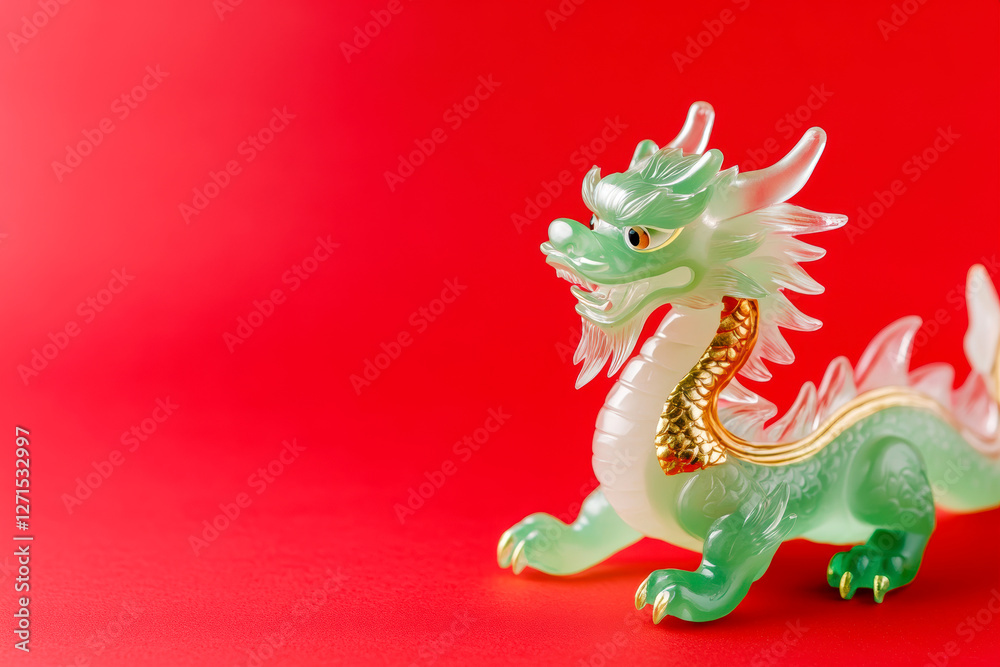 Obraz premium Detailed jade dragon figurine on vibrant red background symbolizing luck and prosperity in asian culture