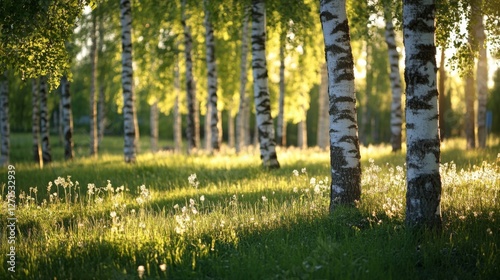 Fototapeta Naklejka Na Ścianę i Meble -  Sunlit birch forest with lush greenery and blooming flowers at sunrise
