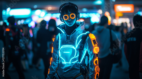 A photo of a cosplayer dressed as a futuristic cyberpunk anime character, with glowing neon accents on their costume, standing confidently in the middle of a crowded convention hall during Tokyo Anime