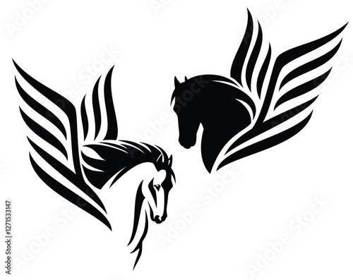 greek mythology pegasus horse with stylized wings - black and white vector profile portrait of magic fairy tale animal symbolizing inspiration