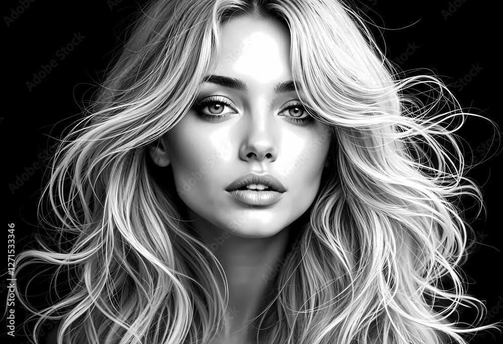 Fototapeta premium Captivating Black and White Portrait of a Young Woman With Flowing Hair. Generative AI