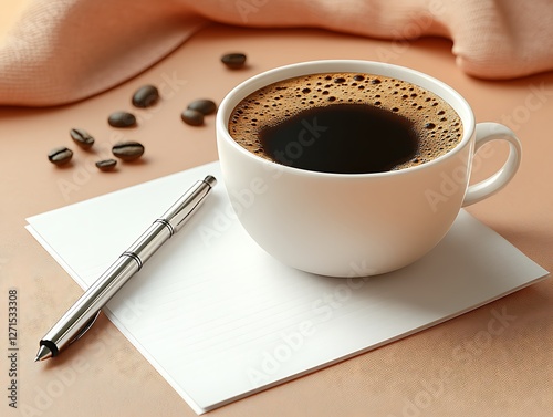 Cup of Coffee with Notebook and Pen on a Light Desk photo