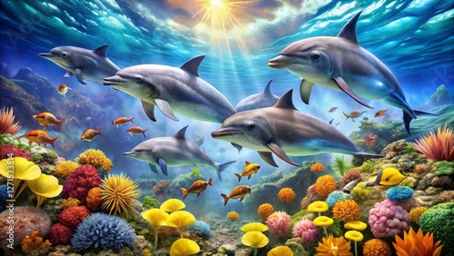 A vibrant underwater scene showcasing a pod of dolphins gracefully swimming above a colorful coral reef teeming with diverse marine life, bathed in sunlight filtering through the ocean surface