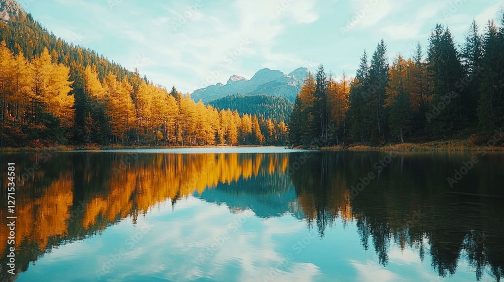 Fototapeta premium Serene Autumn Landscape with Reflections on Calm Mountain Lake