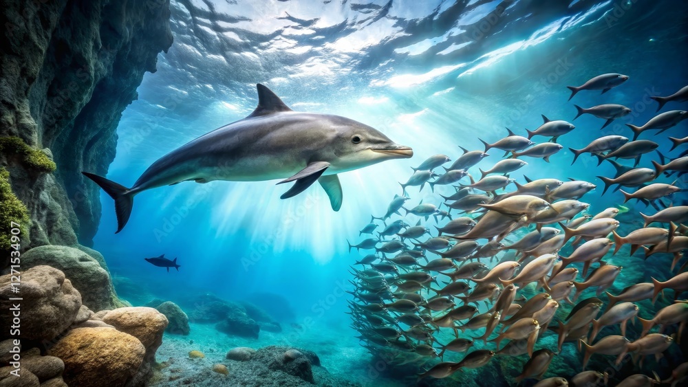 Obraz premium Oceanic Dolphin Encounter A Graceful Marine Mammal Navigates a School of Fish in Sunlit Underwater Realm