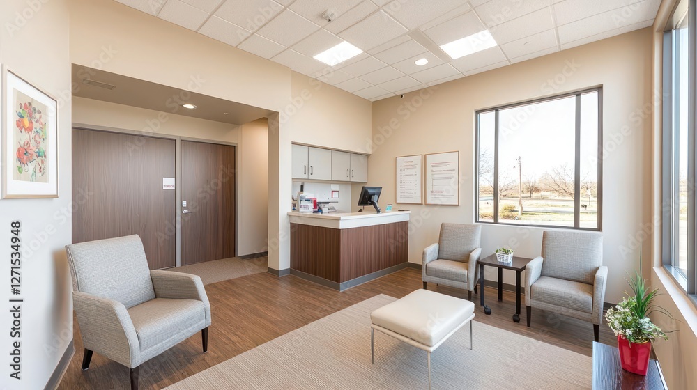 Fototapeta premium Modern Office Waiting Room Interior with Comfortable Seating and Neutral Colors