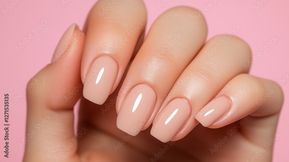 Closeup of manicured light beige nails on a pink background. Possible use for beauty products, nail art, or fashion magazines Closeup of manicured light beige nails on a pink background. Possible use for beauty products, nail art, or fashion magazines