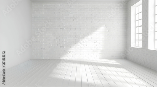 Bright  minimalist interior of a room with white brick walls and wooden floor  sunlight streaming in