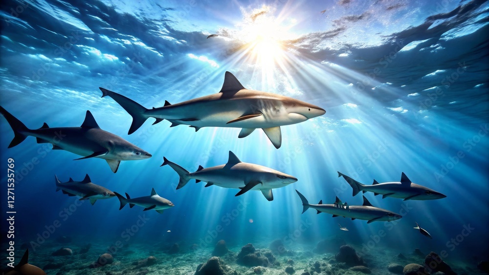 Obraz premium Oceanic Sunlight Illuminates a School of Sharks Gracefully Swimming in a Pristine Underwater Realm