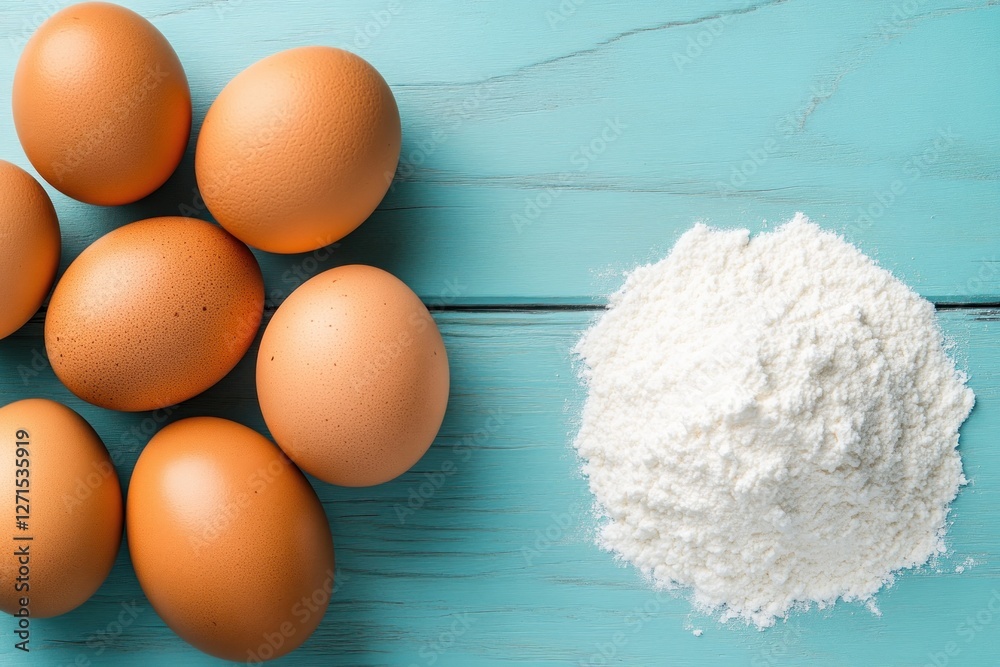 Elevate your culinary creations with this pristine top-down view of baking essentialsflour, eggs, and sugar neatly arranged on a kitchen counter, top view Discover the fundamental ingredients for Elevate your culinary creations with this pristine top-down view of baking essentialsflour, eggs, and sugar neatly arranged on a kitchen counter, top view Discover the fundamental ingredients for