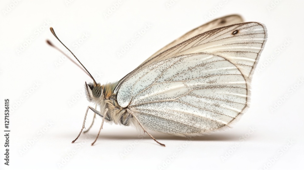 Obraz premium Close-up of white butterfly with delicate wings on white background