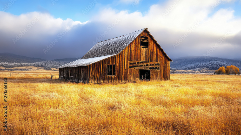 rustic wooden barn stands alone in vast field of golden grass, surrounded by rolling hills and dramatic sky. serene landscape evokes sense of tranquility and nostalgia rustic wooden barn stands alone in vast field of golden grass, surrounded by rolling hills and dramatic sky. serene landscape evokes sense of tranquility and nostalgia