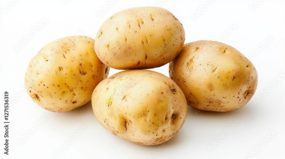 Set against a clean white backdrop, three fresh potatoes display their earthy texture and golden hues, inviting culinary inspiration for delicious, comforting recipes Set against a clean white backdrop, three fresh potatoes display their earthy texture and golden hues, inviting culinary inspiration for delicious, comforting recipes