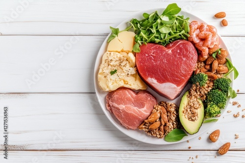Embrace heart health with this Ketogenic low-carb diet concept featuring heart-shaped ingredients, specifically focusing on healthy unsaturated fats crucial for maintaining optimal heart and blood