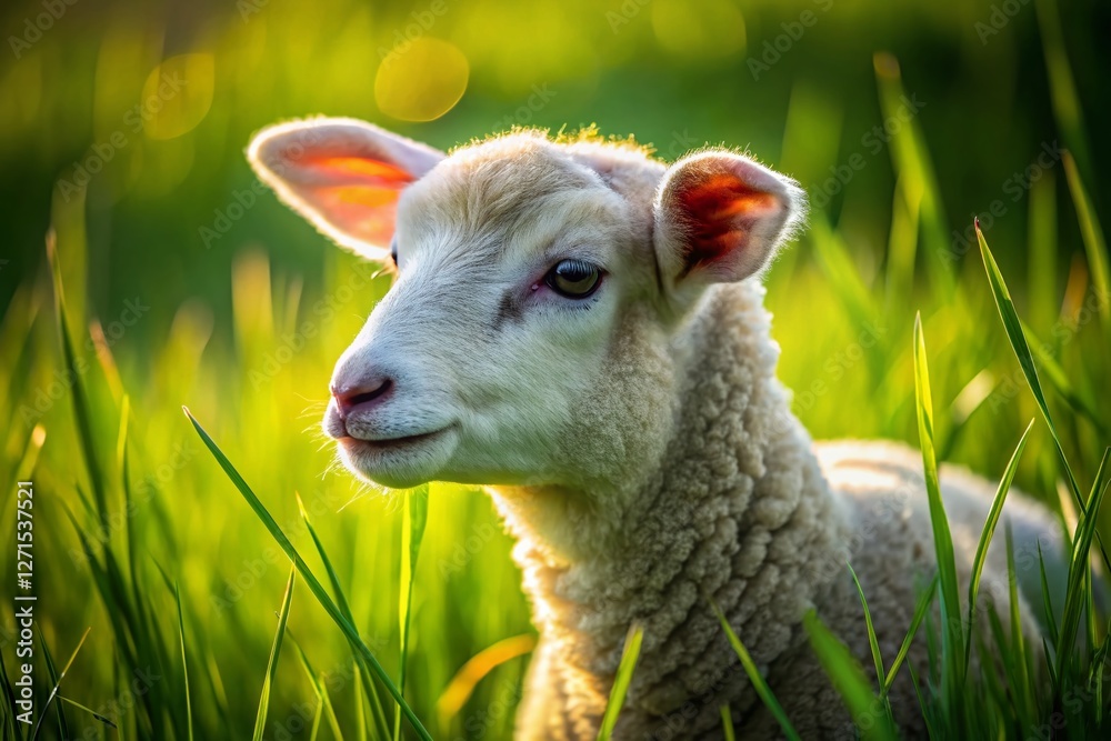Fototapeta premium Adorable Lamb Grazing in Lush Green Pasture - High-Resolution Stock Photo