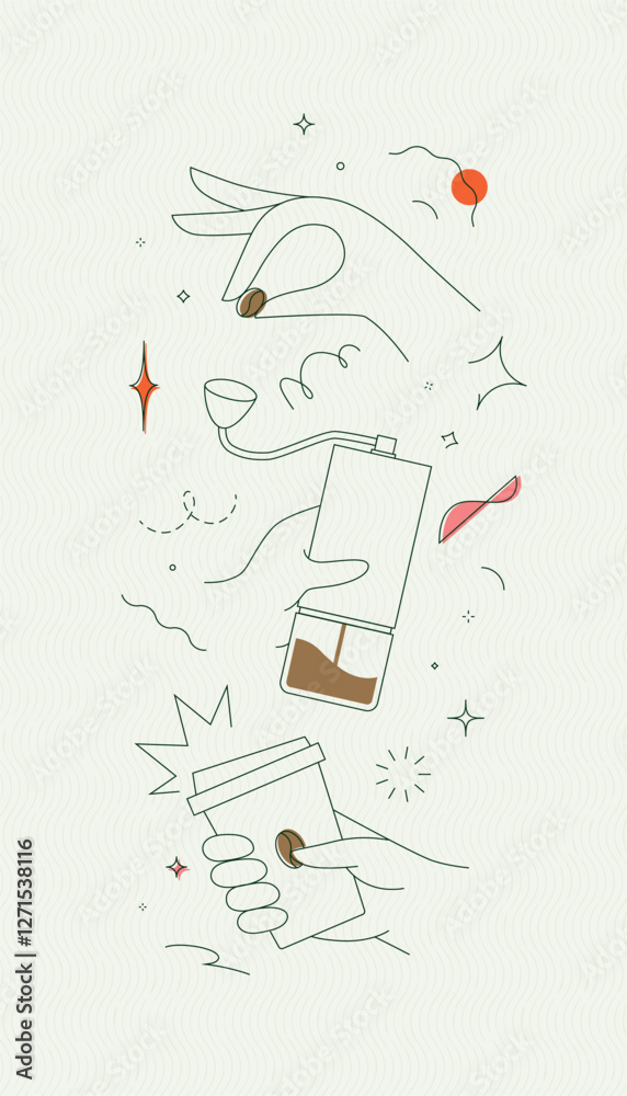 Coffee bean and grinder take away cup symbols drawing in modern linear art style on light background