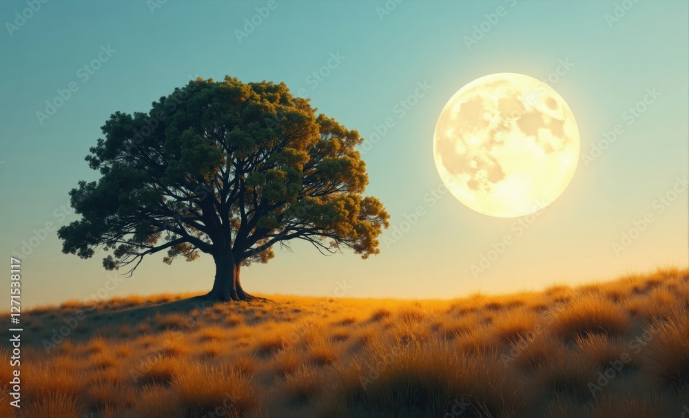 Fototapeta premium Full Moon, Solitary Tree, and Grassy Hill