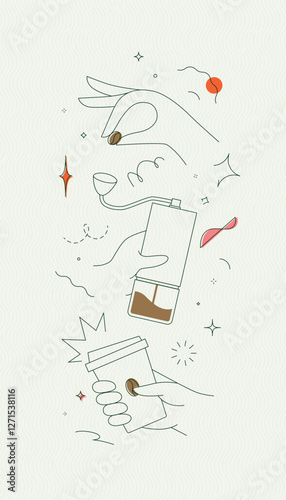 Coffee bean and grinder take away cup symbols drawing in modern linear art style on light background