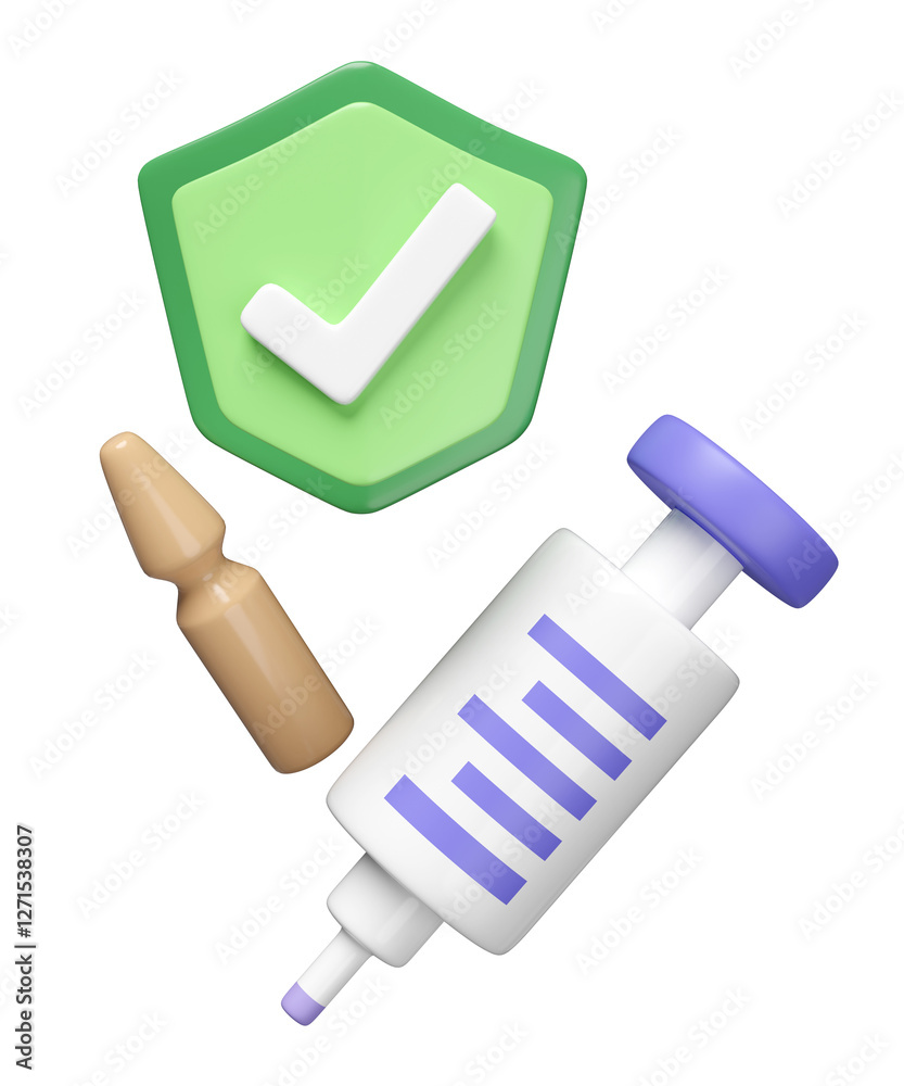 3d Medical equipment with syringe, vaccine bottle, shield, check mark isolated. 3d render illustration 3d Medical equipment with syringe, vaccine bottle, shield, check mark isolated. 3d render illustration
