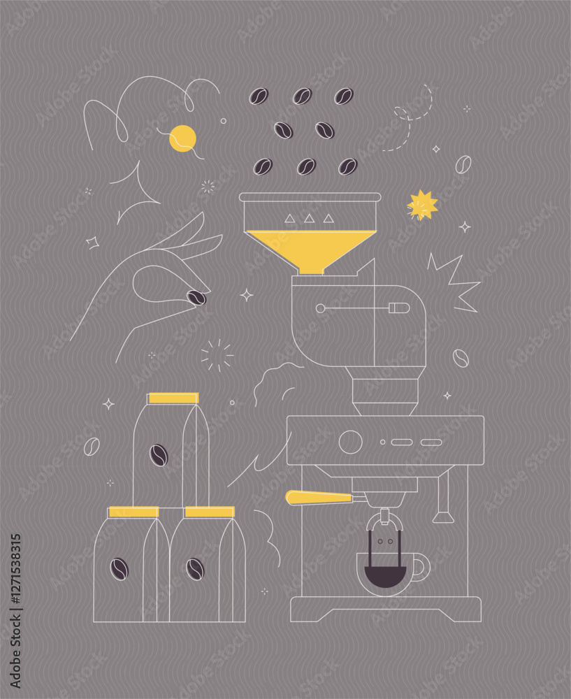 Coffee bean container coffee machine symbols drawing in modern linear art style on grey background