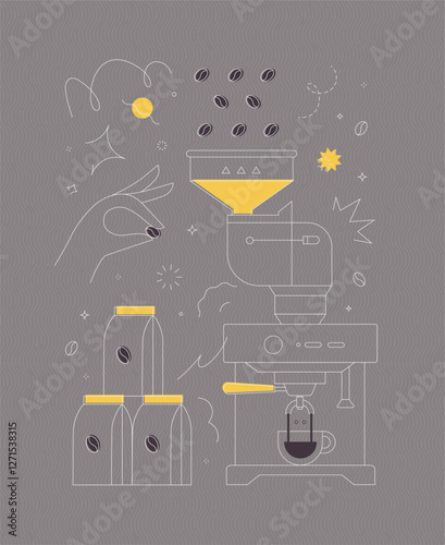Obraz na płótnie Coffee bean container coffee machine symbols drawing in modern linear art style on grey background w salonie