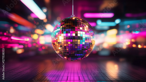 Colorful disco ball with vibrant neon lights and bokeh effects on a dark background, creating a dynamic and energetic atmosphere for a nightclub party. Shiny mirror ball reflections and blurred motion