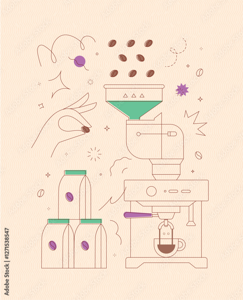 Coffee bean container coffee machine symbols drawing in modern linear art style on peach background
