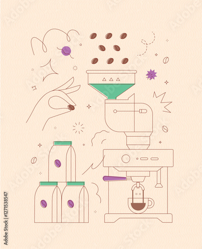 Obraz na płótnie Coffee bean container coffee machine symbols drawing in modern linear art style on peach background w salonie
