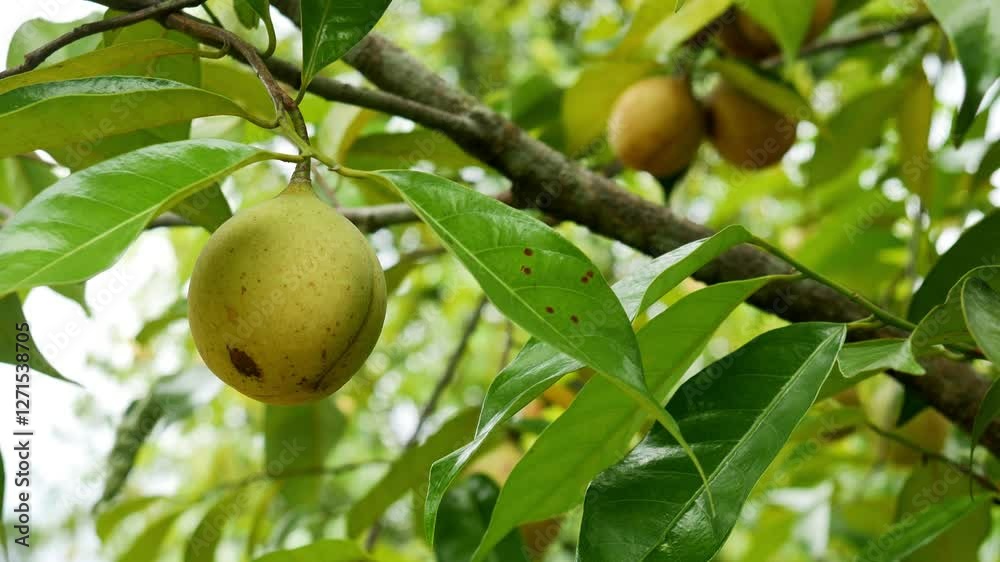 Ripe nutmeg fruit hanging on a tree branch with green leaves, swaying slowly in the wind. Nutmeg fruit has many benefits, besides being for cooking, it is also useful for health and medicine. Ripe nutmeg fruit hanging on a tree branch with green leaves, swaying slowly in the wind. Nutmeg fruit has many benefits, besides being for cooking, it is also useful for health and medicine.