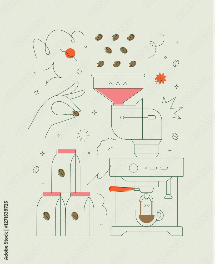 Coffee bean container coffee machine symbols drawing in modern linear art style on light background