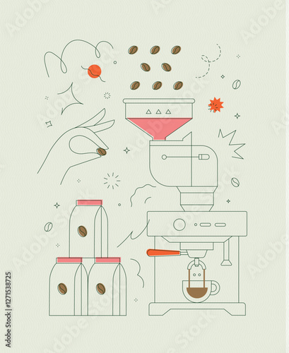 Obraz na płótnie Coffee bean container coffee machine symbols drawing in modern linear art style on light background w salonie