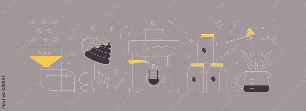 Coffee mill, cup, machine, pack, maker symbols drawing in modern linear art style on grey background