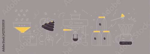 Obraz na płótnie Coffee mill, cup, machine, pack, maker symbols drawing in modern linear art style on grey background w salonie