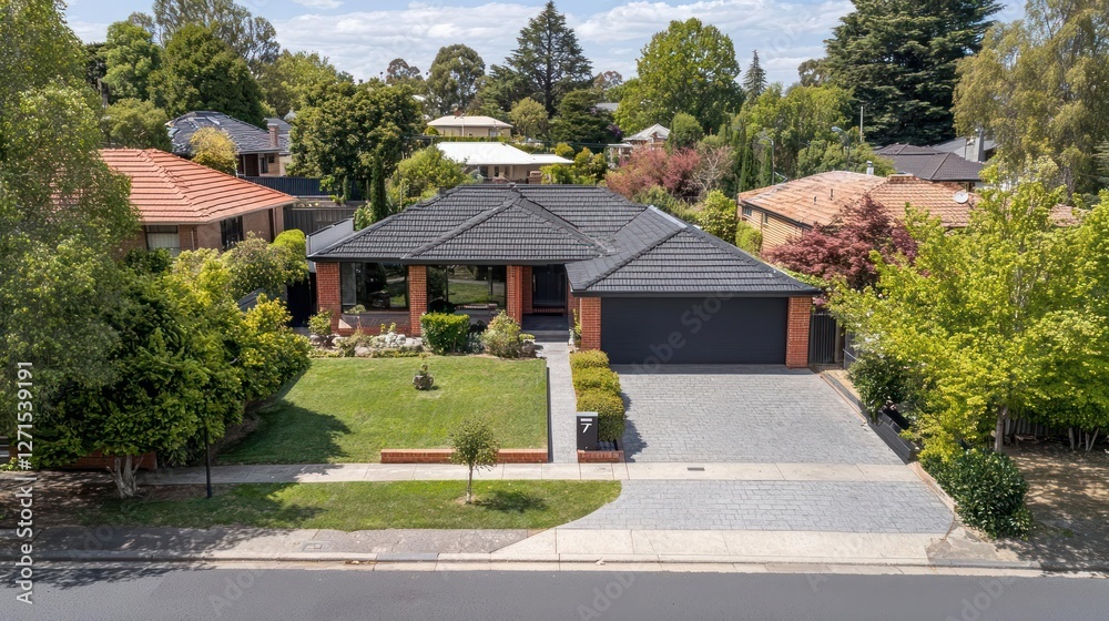 Modern Brick House with Black Roof and Paved Driveway Modern Brick House with Black Roof and Paved Driveway