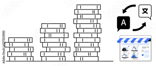 Increasing stacks of coins beside language translation icons and an online store interface. Ideal for business growth, investment, multilingual communication, e-commerce, financial growth, online